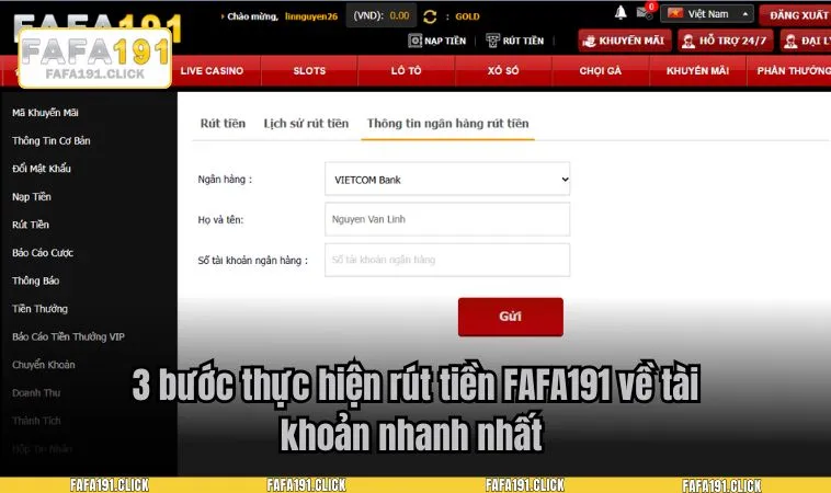 3 bước thực hiện rút tiền FAFA191 về tài khoản nhanh nhất 